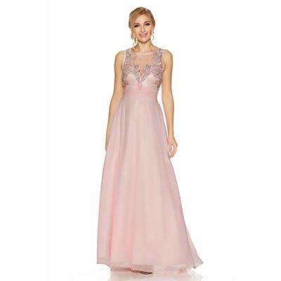Pink chiffon embellished high neck tulle maxi dress